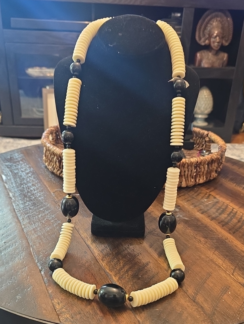 West Germany Cream and Black Beaded Acrylic  Long Necklace